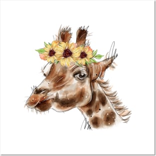 Watercolor giraffe.Giraffe with flowers. Posters and Art